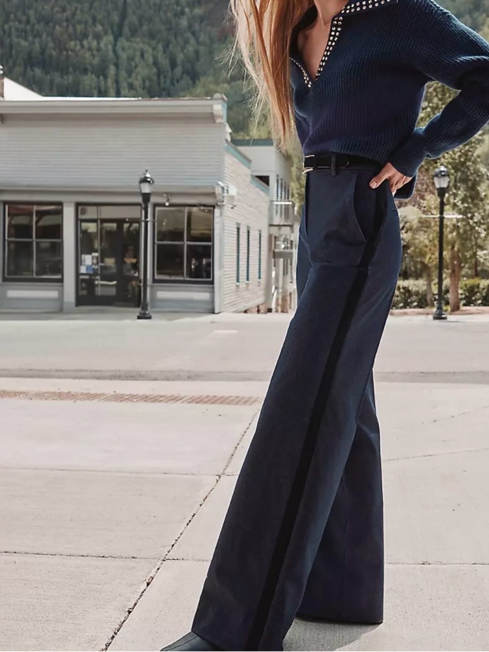NWT Loft Velvet Tuxedo Stripe Clean Wide Leg Jeans In Twilight Blue Size 6